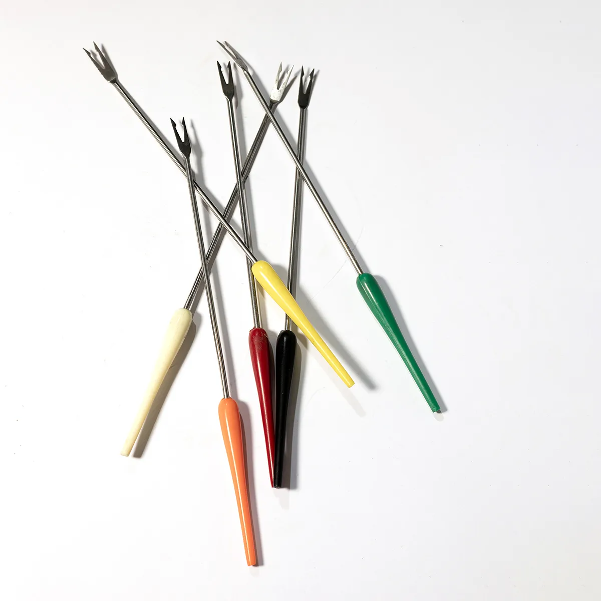 Fondue Forks Set of 6 Stainless Steel with Colorful Plastic Handles, Vintage - 10.5" 