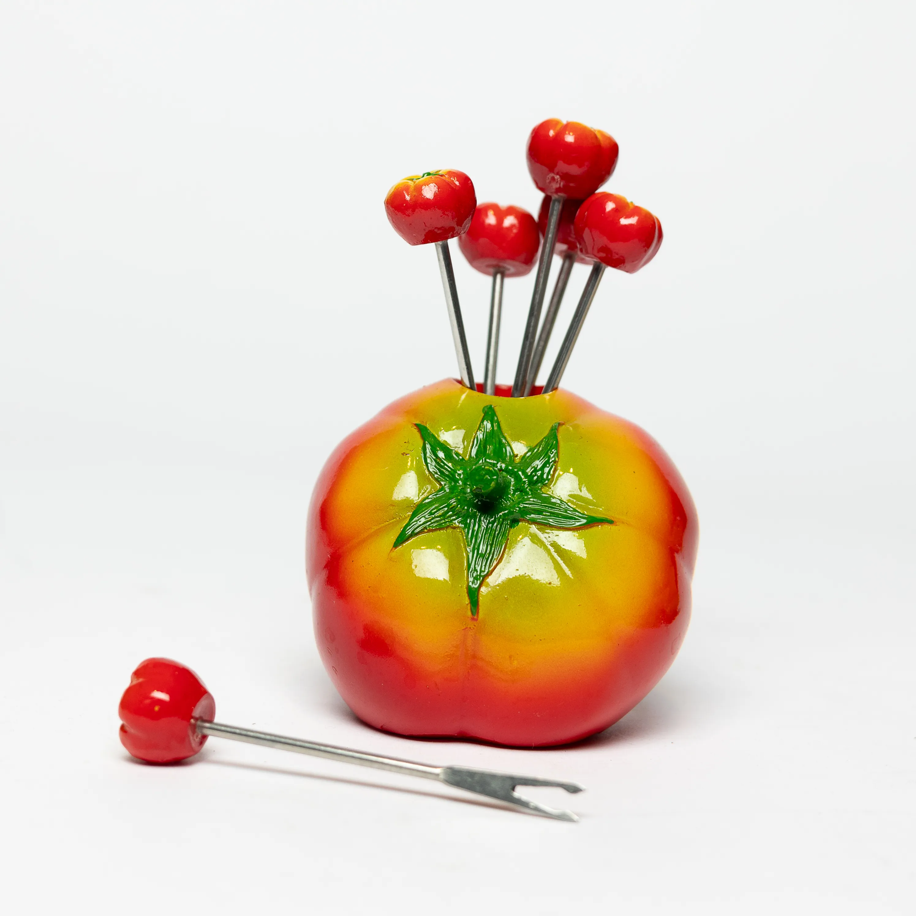 Resin made Tomato figurine  with tomato toothpicks hors d'oeuvres Appetizers with 6 cocktail forks Veggie Cocktail Picks resin vegetable shaped cocktail forks, hand made