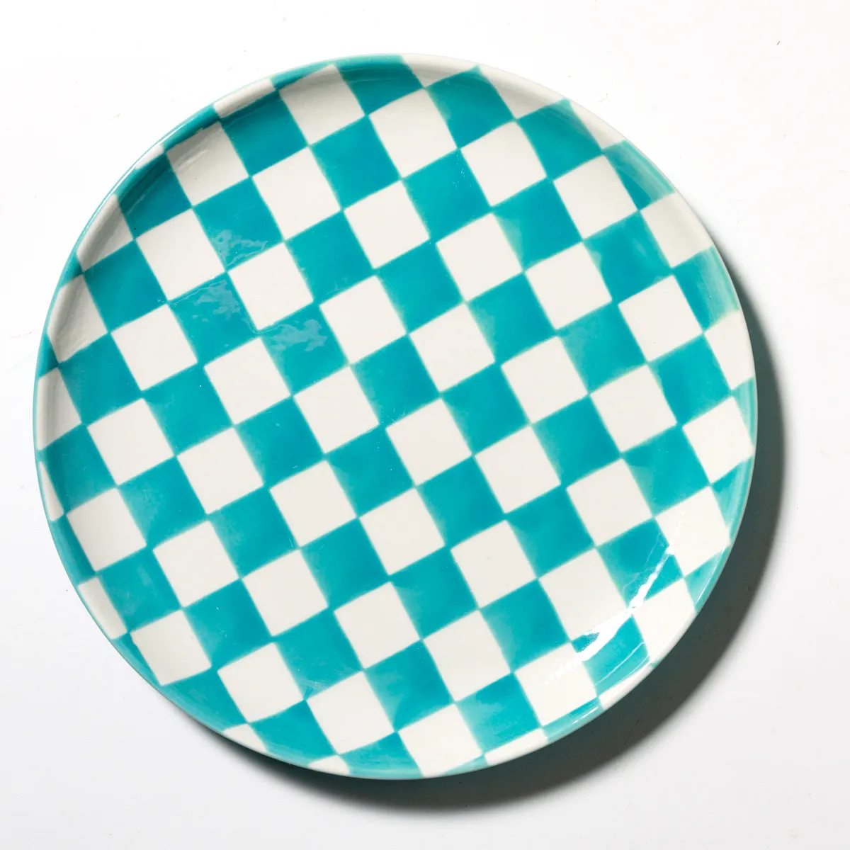 Ceramic Salad Plate with Turquoise and White Checkered Pattern