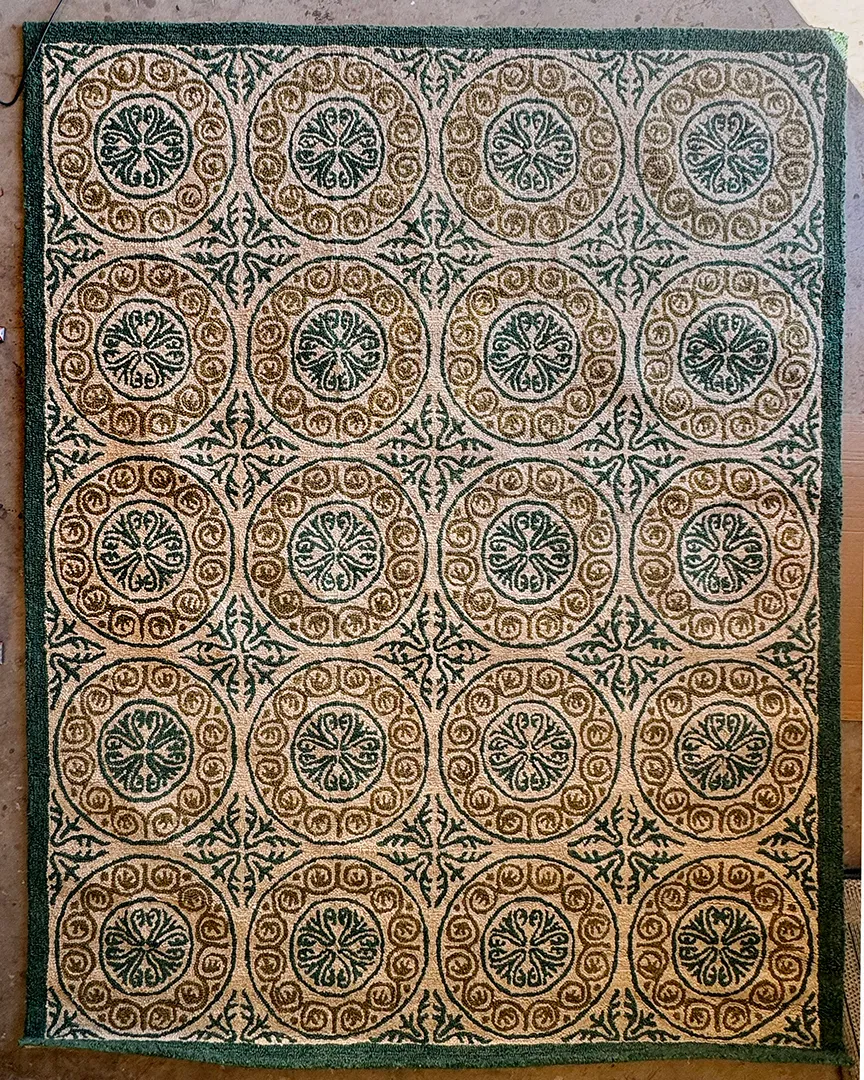 Vintage Green Tan Medallion Wool Hooked Rug