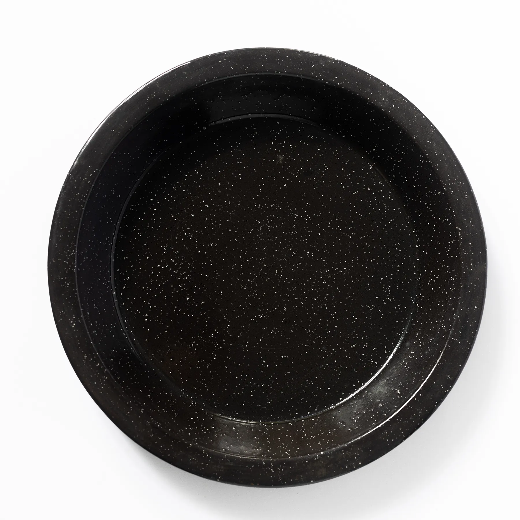 Black with White speckles Enamelware pie plate, or camping dinner plate - 9.75" x 1.25"