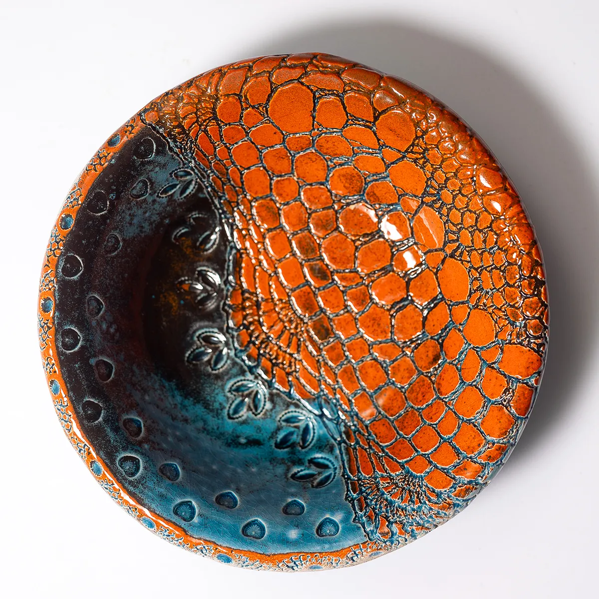 Orange and Tourquoise  hand made pottery bowl Nunes Portugal - 7.5" x 2"