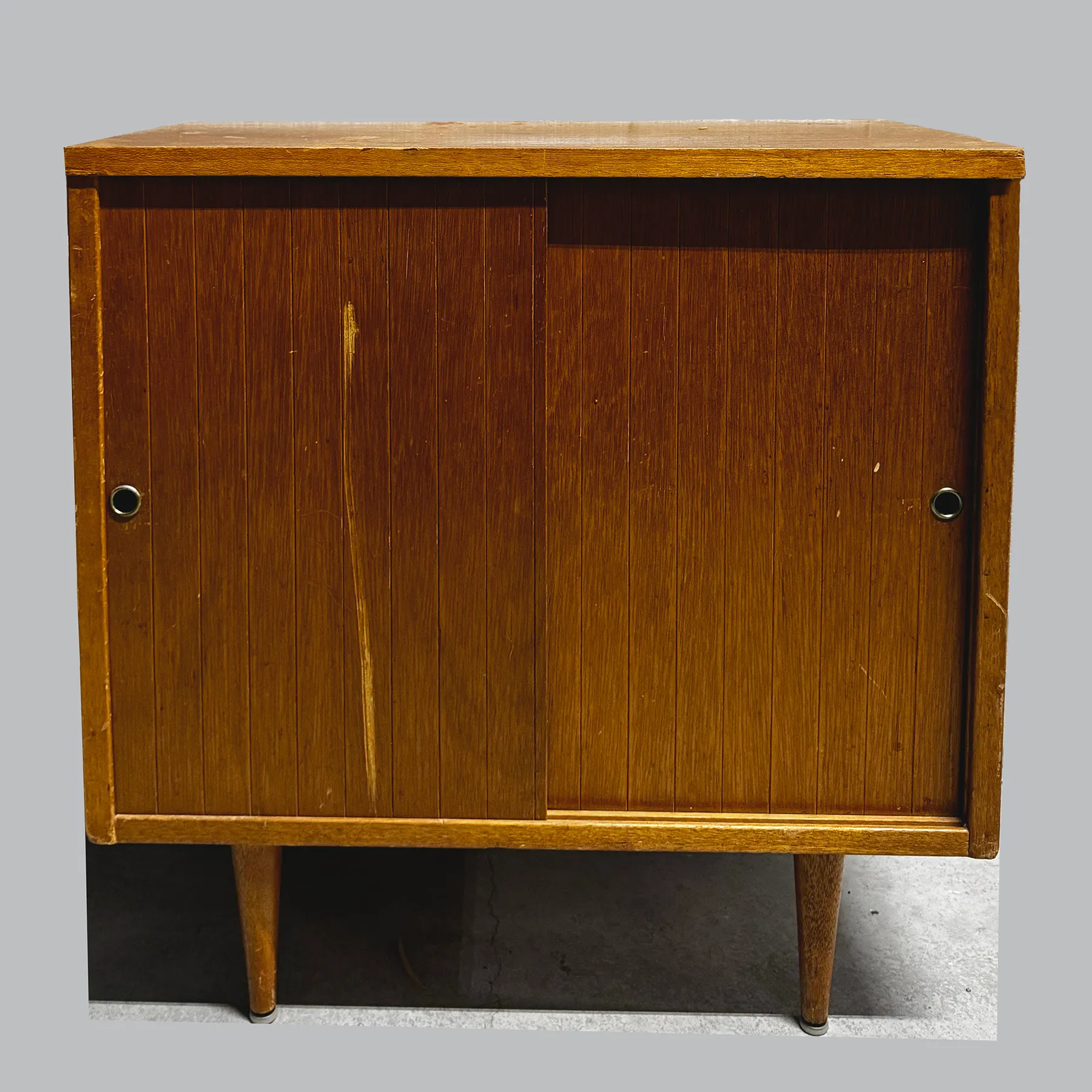 Amber Brown Mid Century Modern Side Board, Night Stand, Two Sliding Doors, Table
