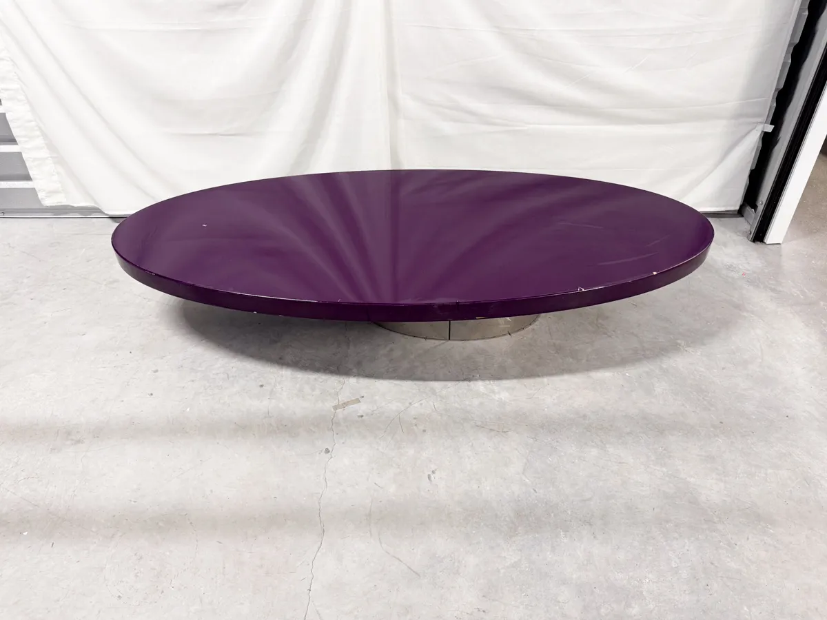 Coffee Table by Rodolfo Dordoni, Asymmetrical Design, Oval Glossy Purple Lacquered Top and a Chromed Metal Base