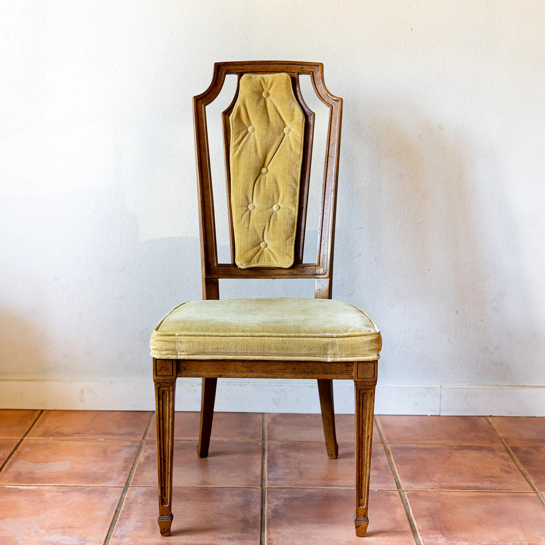 Wood Dining Chair with Tufted Yellow Velvet Back and Seat Cushion One With Arms - 19" x 19" x 42" tall