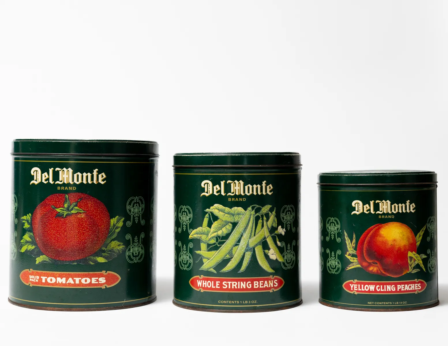 Vintage Del Monte Ascending Tins in Forest Green with Tomatoes, String Beans and Peaches
