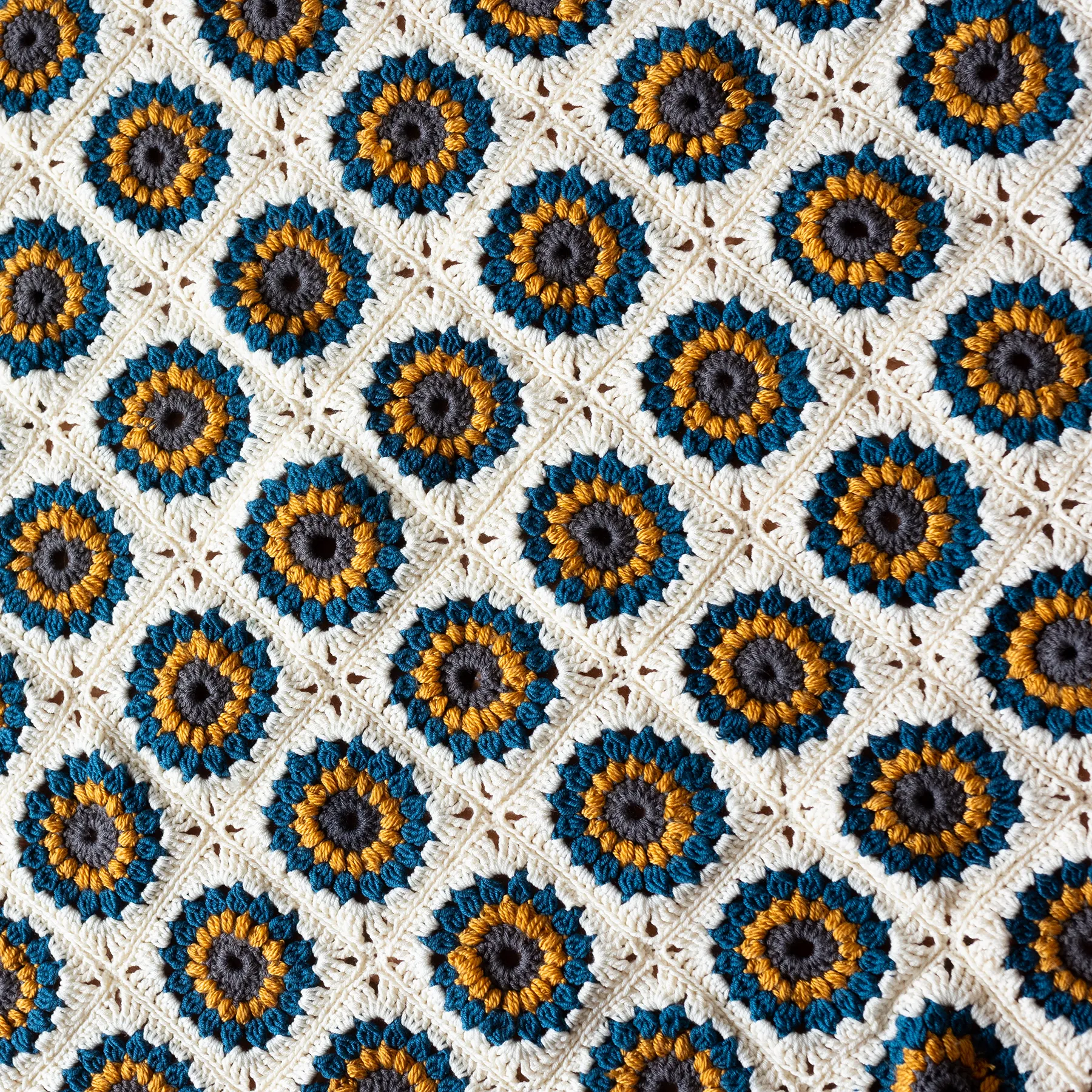 Granny Square Afgan Teal, Gold, Gray, Cream