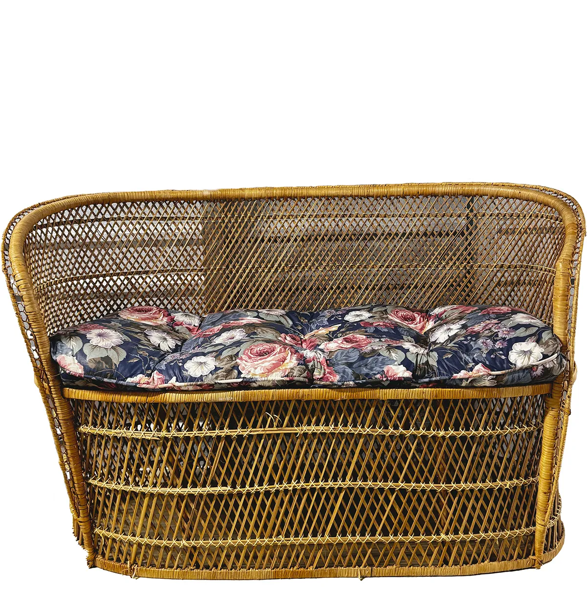 Vintage 60s Wicker Rattan Peacock Loveseat- Rattan Woven Wicker Love seat with a dark floral cushion