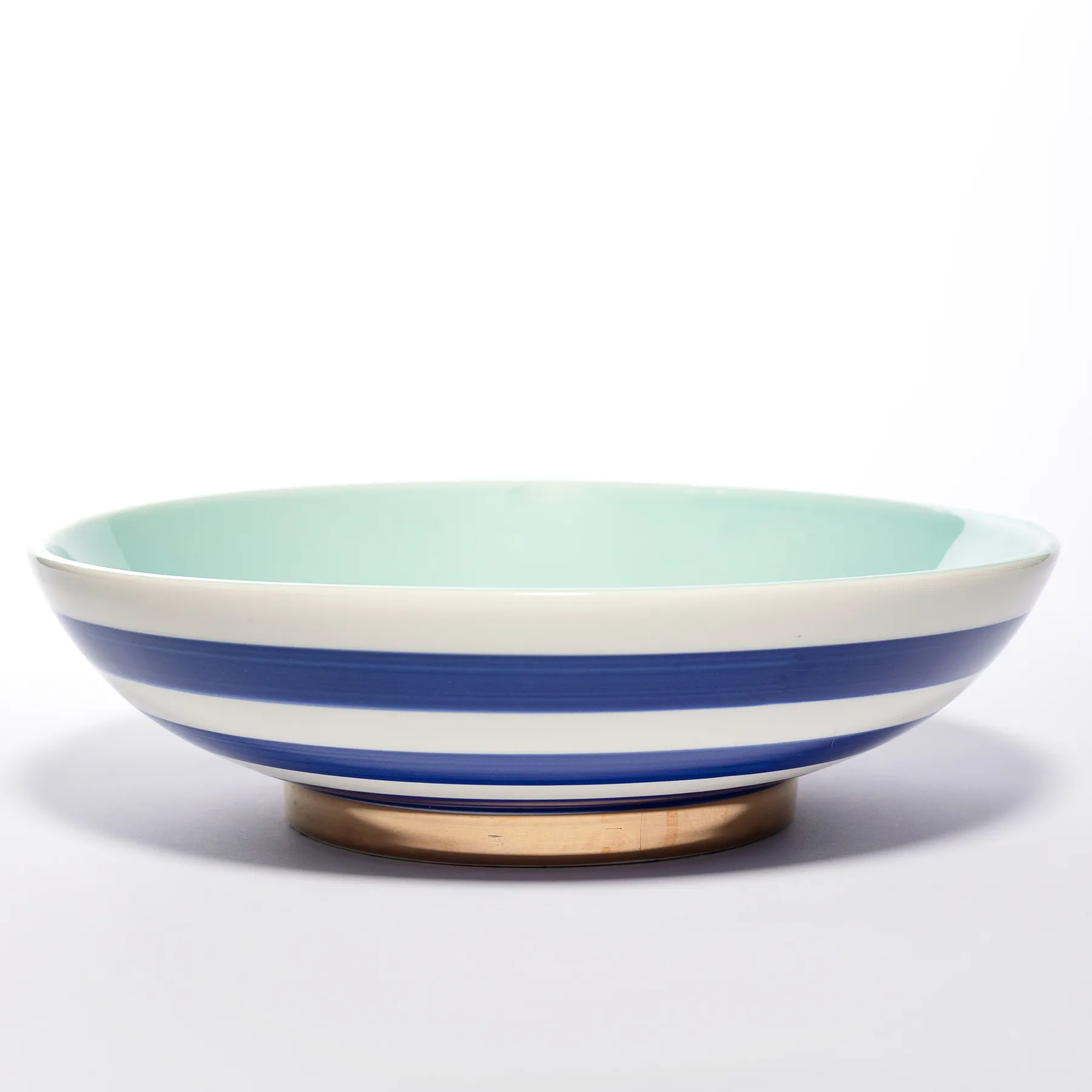 Large Light Blue Serving Bowl with Dark Blue Stripe exterior and gold base - Large Light Blue Serving Bowl with Dark Blue Stripe exterior and gold base - 13" x 3.75"
