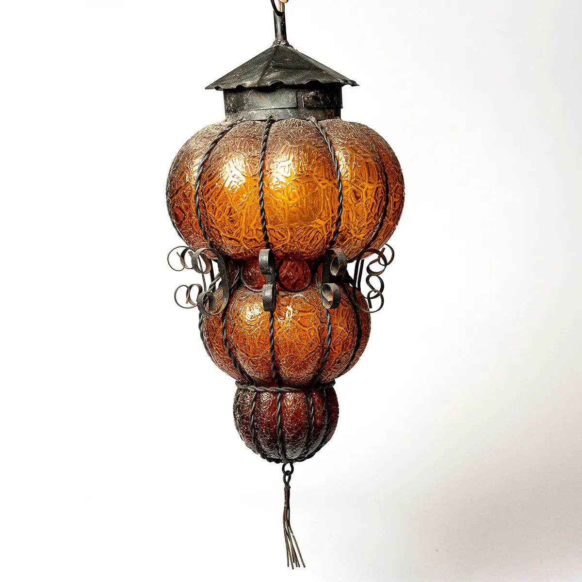MCM Reyna Medium Orange Crackle Blown Glass Hanging Lamp Black Wrought Iron Fixtures, Plug in