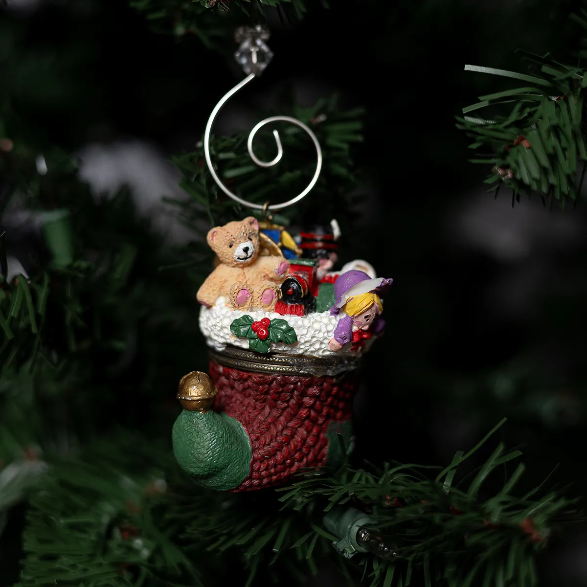 Stuffed Stocking Christmas Tree Ornament heavy Locket vintage wood