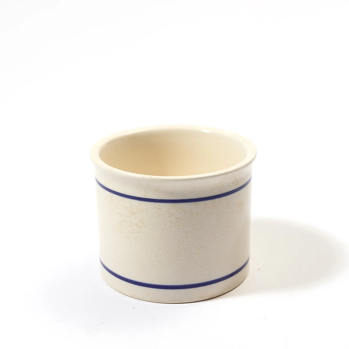 Ceramic French Country Off white Butter Crock Dish with blue lines Stoneware - 3" x 4"