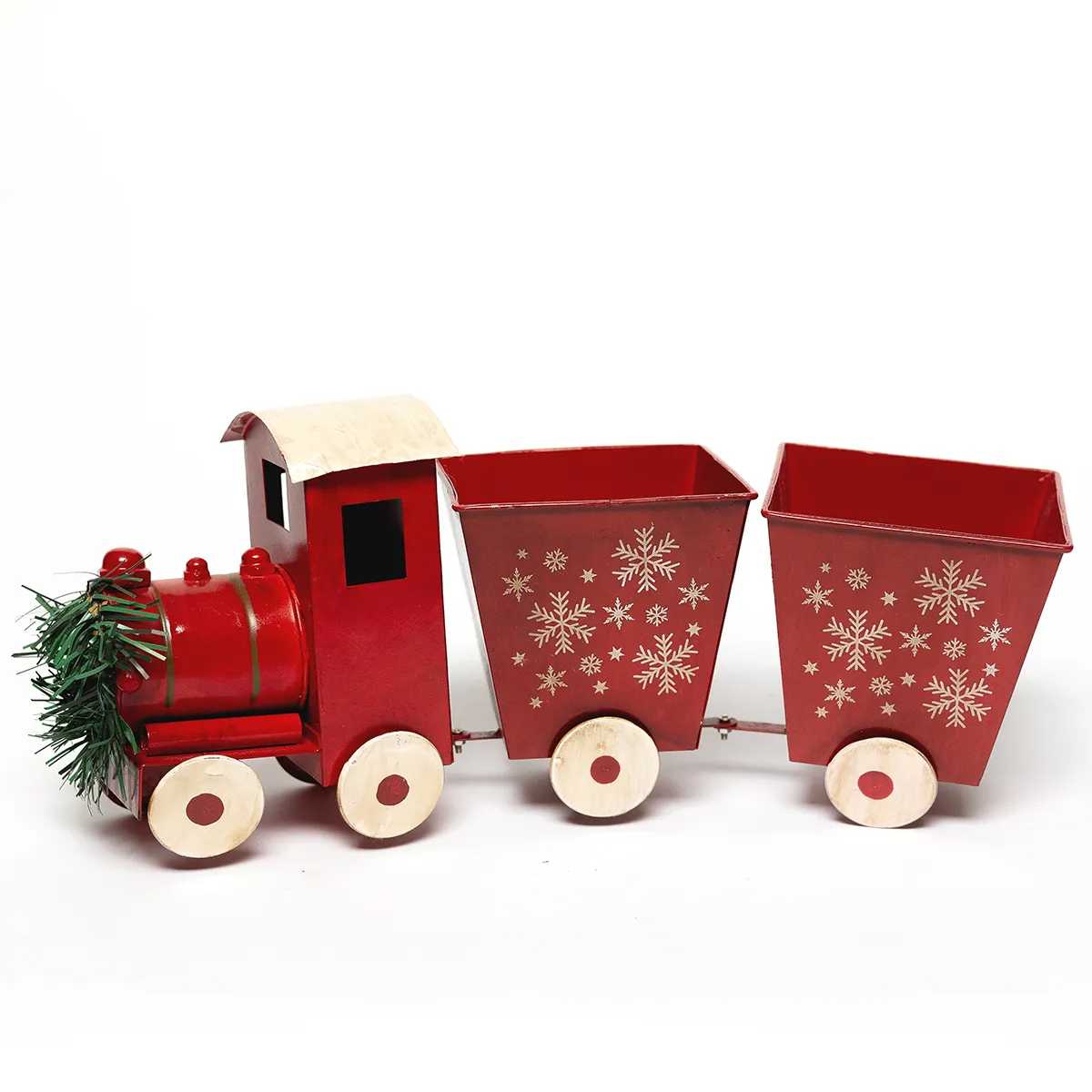 Christmas Train Figurine Decor Engine and 2 cars Green Wreath 