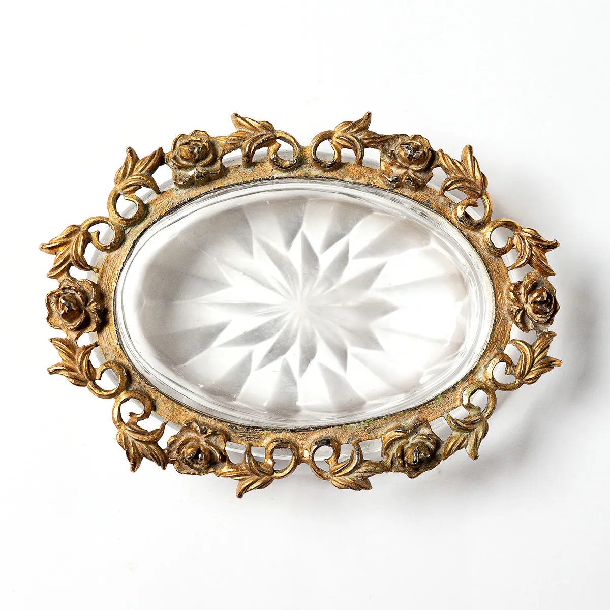 Bathroom Soapdish: Vintage soap dish, Trinket Dish, Dresser Dish, Jewelry Dish, Etched Glass, Gold Floral Rim 