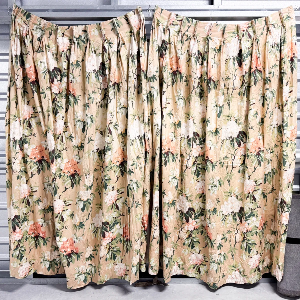 Curtain: Mauve with Busy White and Peach Colored Flowers Plenty of Greenery and Brown Branches Vintage