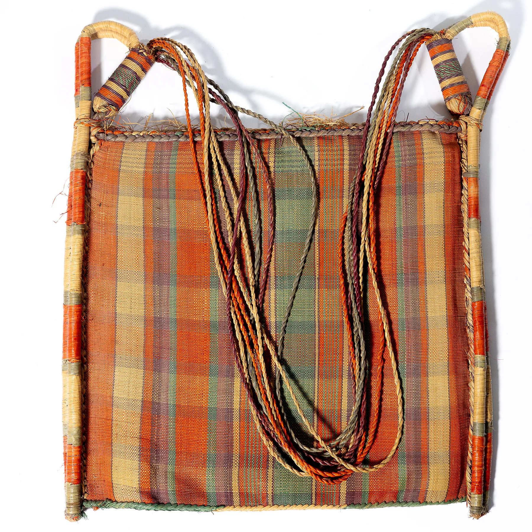 African Art Hand Woven Straw Bag Room Decor Braided Straps, Orange, Green and Tan Plaid - 12" x 13"