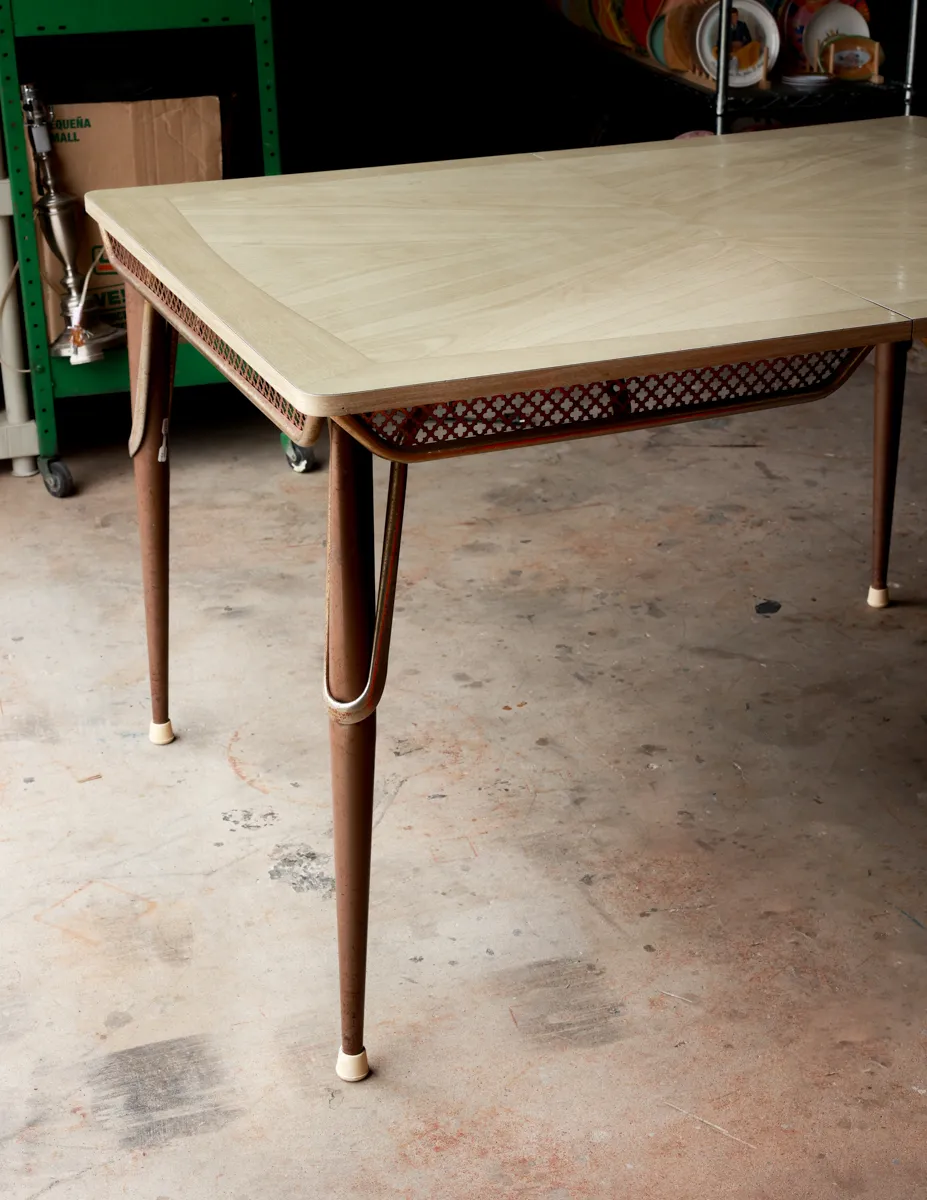 Cream Colored Wood Grain Formica Dining Table with Metal Mesh Skirting. Mid Century Modern, MCM