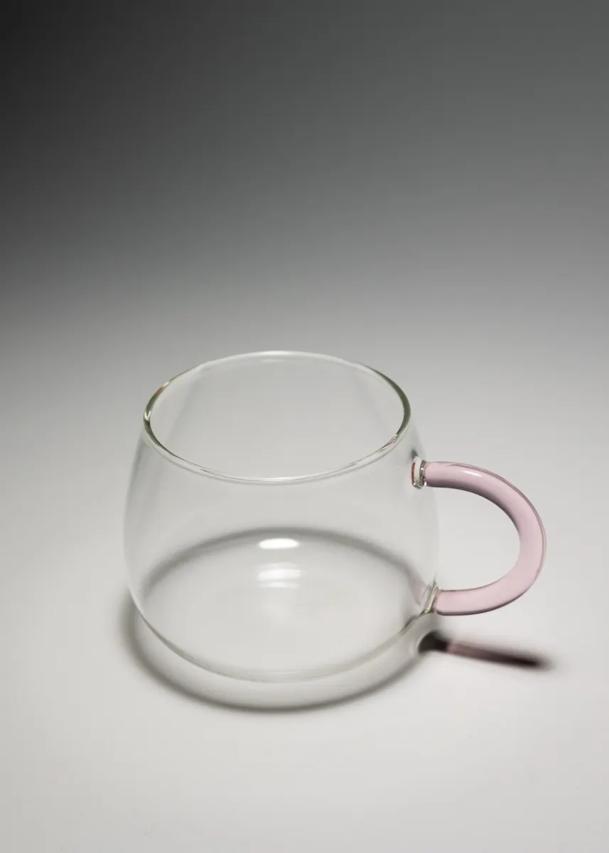 Extra Large Clear Glass Coffee Cup with Pink Glass Handle