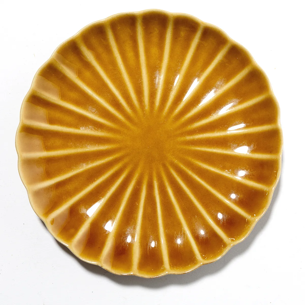 Evie Honey Dessert plate Vertical Grooves Chysanthemum Shaped Honey gold Colored 