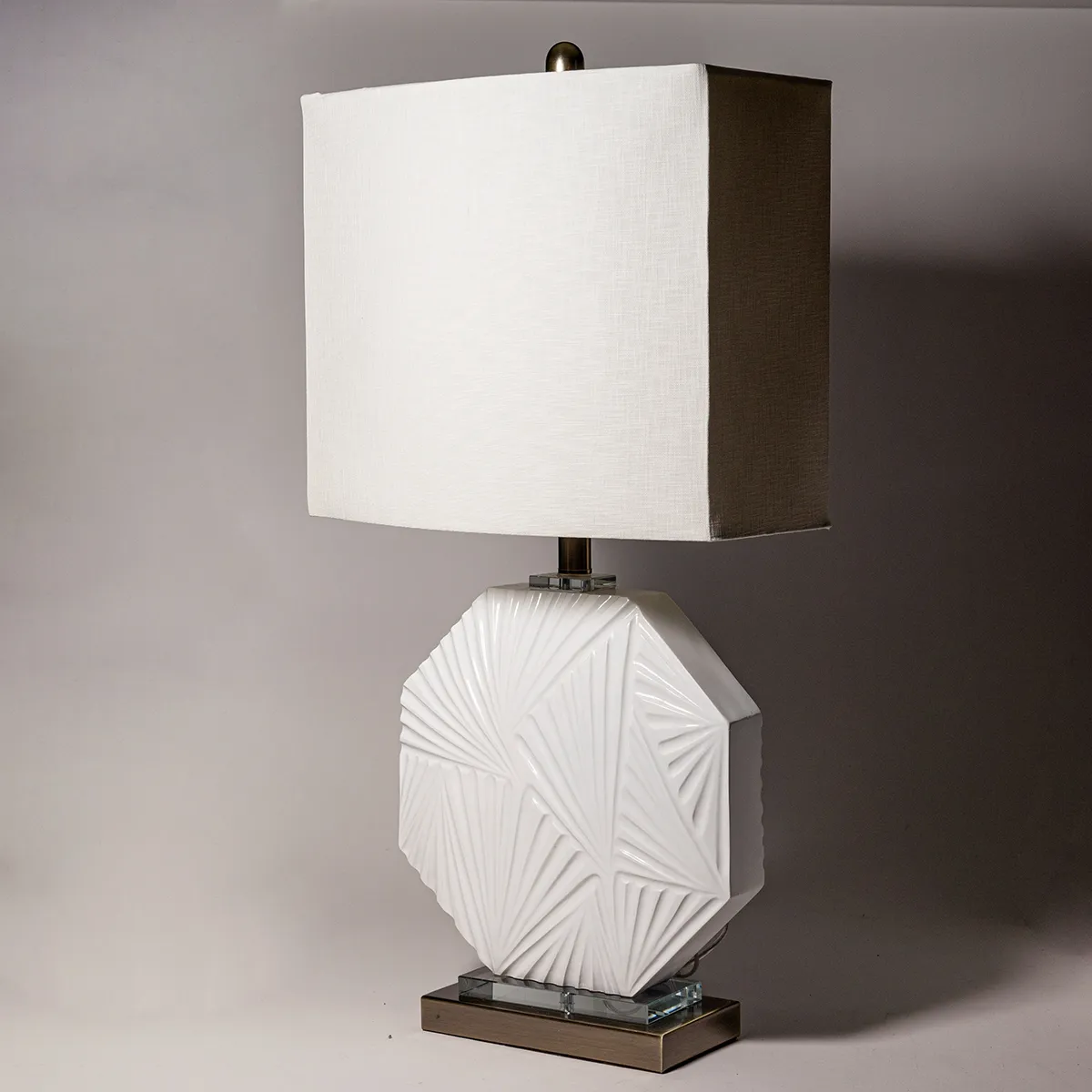White Ceramic Textured Octagon Antique Gold and Clear Glass Base Square Lamps shade White
