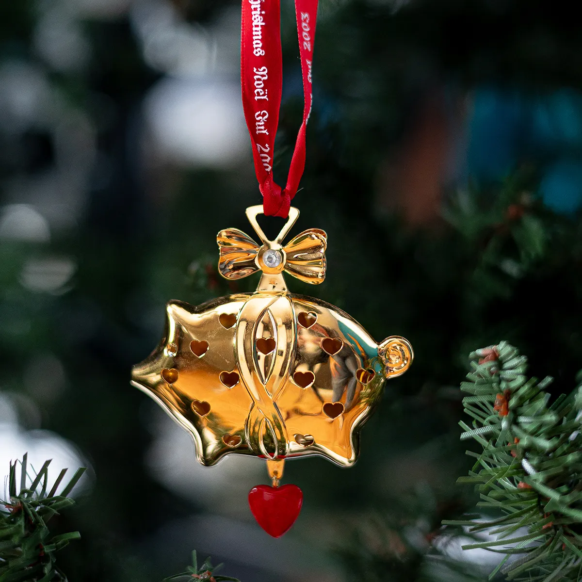 Georg Jensen Christmas Ornament (2003) Christmas Pig Gold Plated Dye Cast Pig with stamped hearts and a hanging red heart 