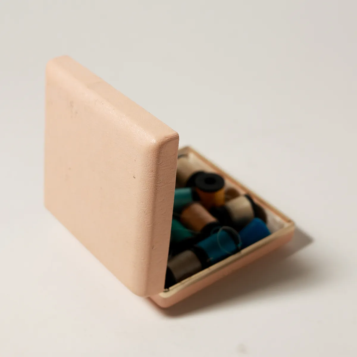 Vintage Pink Leatherette Sewing Box Colorful Thread Bobbins, Jewelry Box