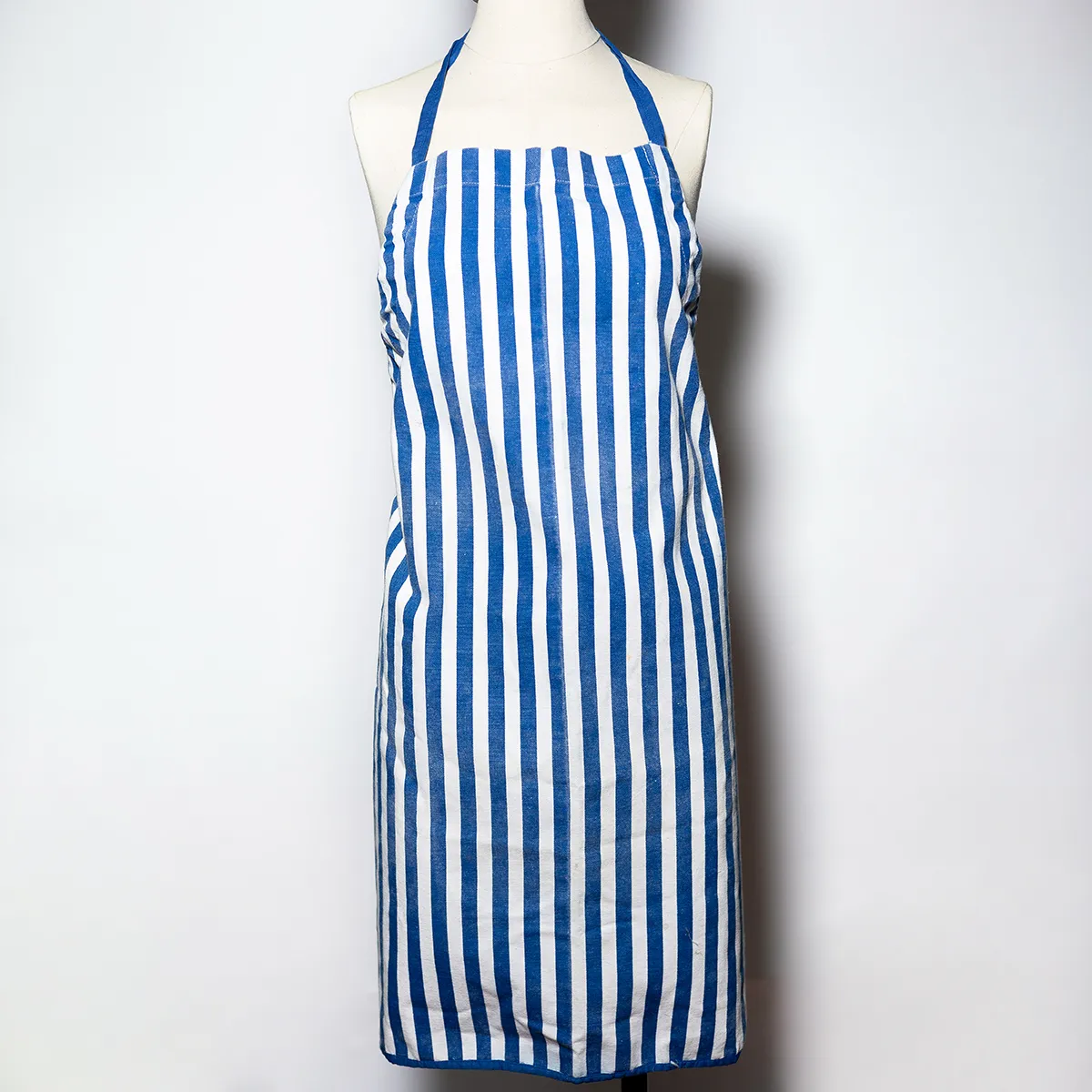 Kitchen Soft Goods: Vintage Blue and White Striped Apron fron the neck to the knee - 70" around 32" tall