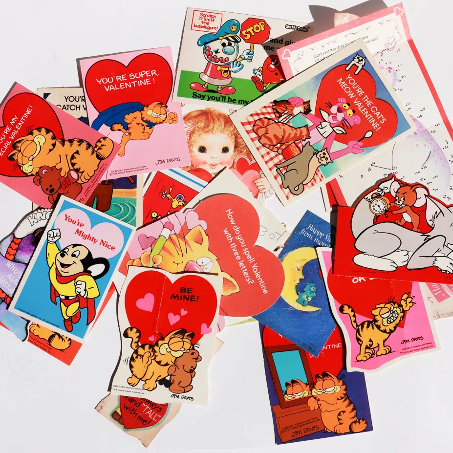 Vintage Grammar School Valentines Cards. Garfield, Snoopy, Red, Hearts