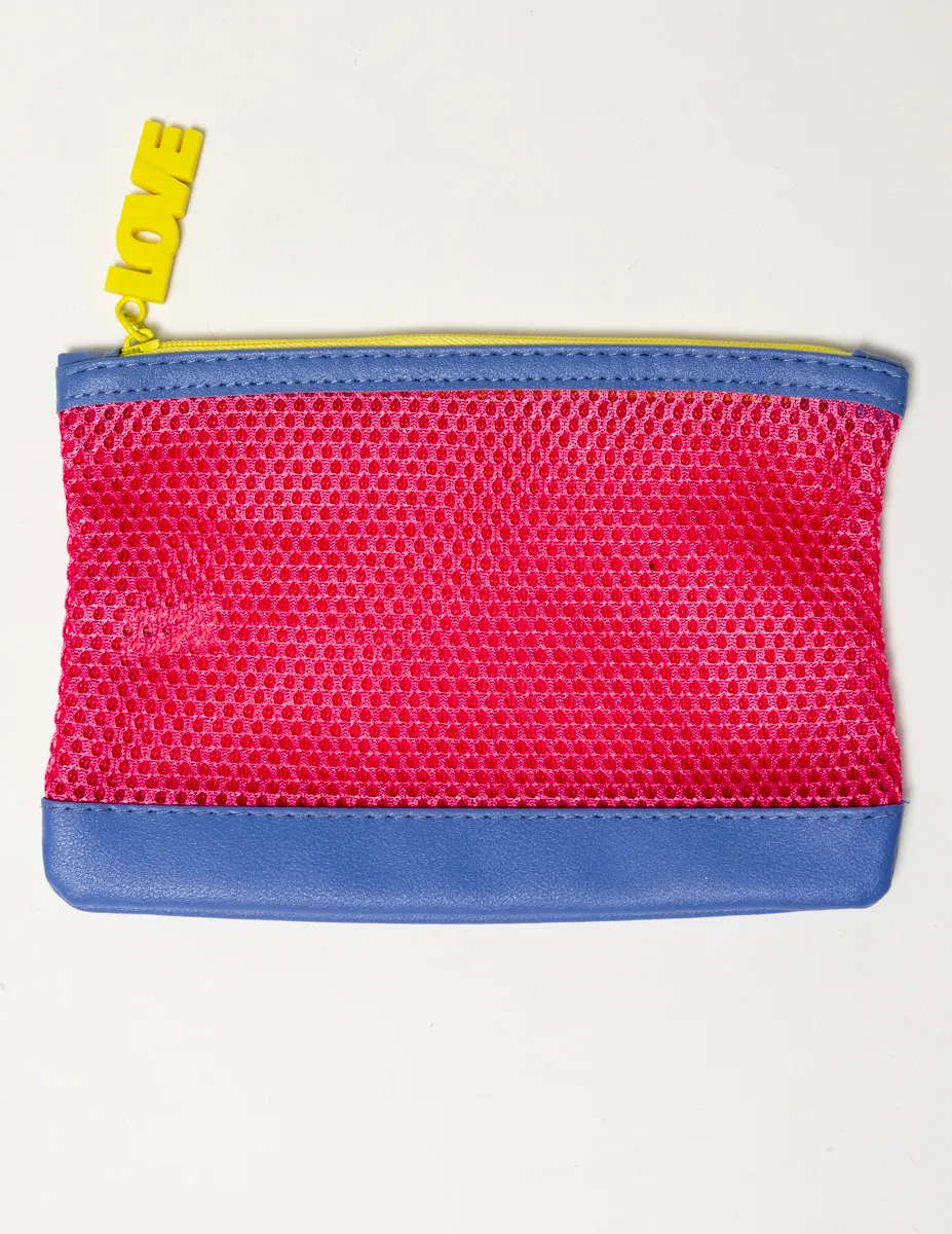 1980s Pink Mesh Bag with Yellow Zipper and LOVE Zipper Pull, Lavendar Bottom