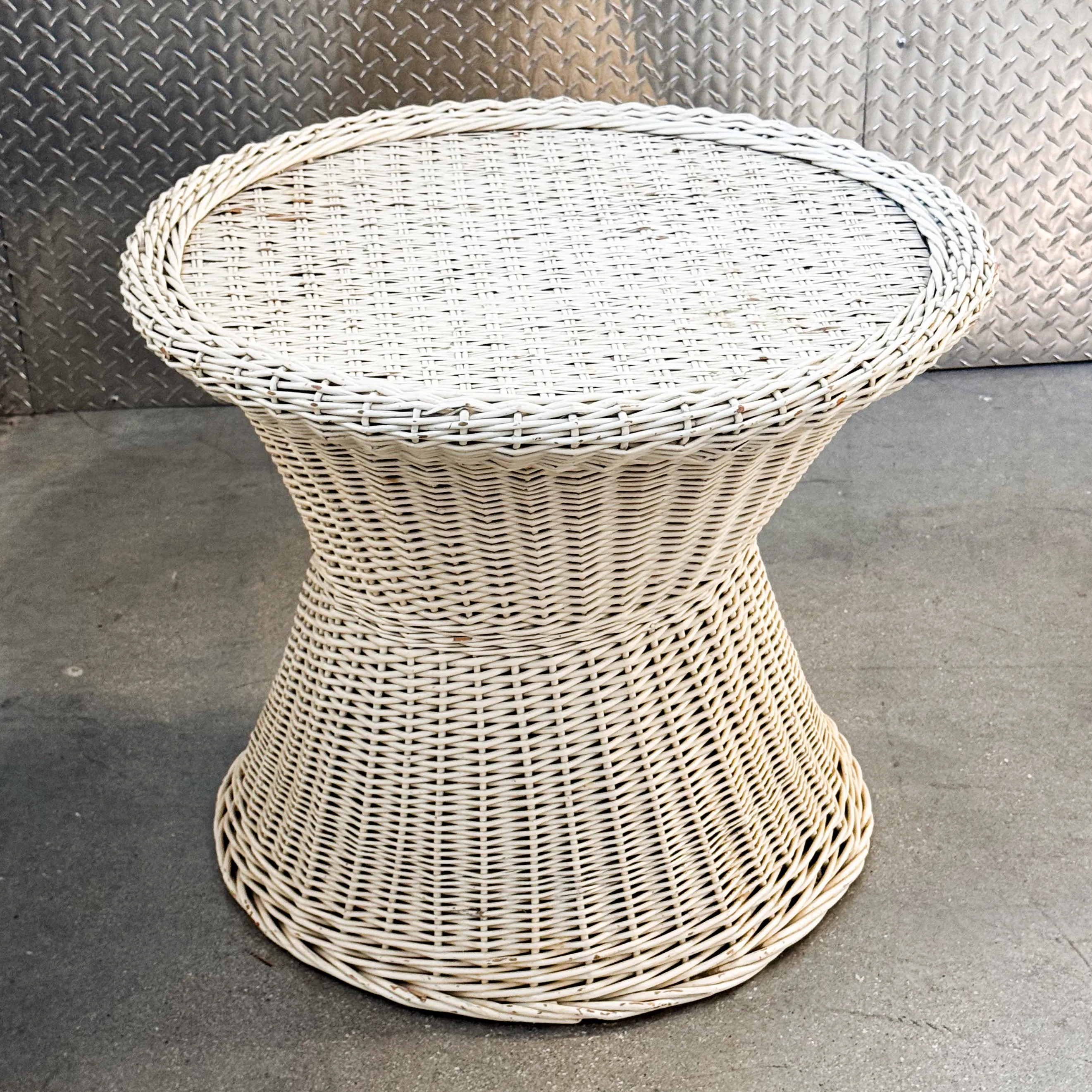 White Rattan Wicker Round Hourglass-Shaped Side Table Outdoor Furniture