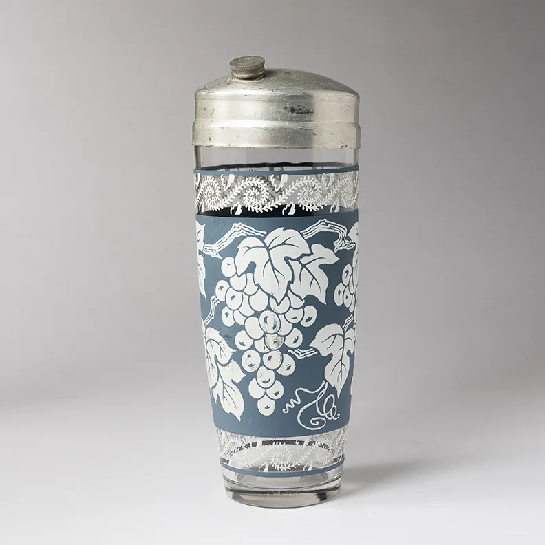 Vintage Cocktail Shaker with Blue and White Grape vine and leaves - 9.5" x 4"