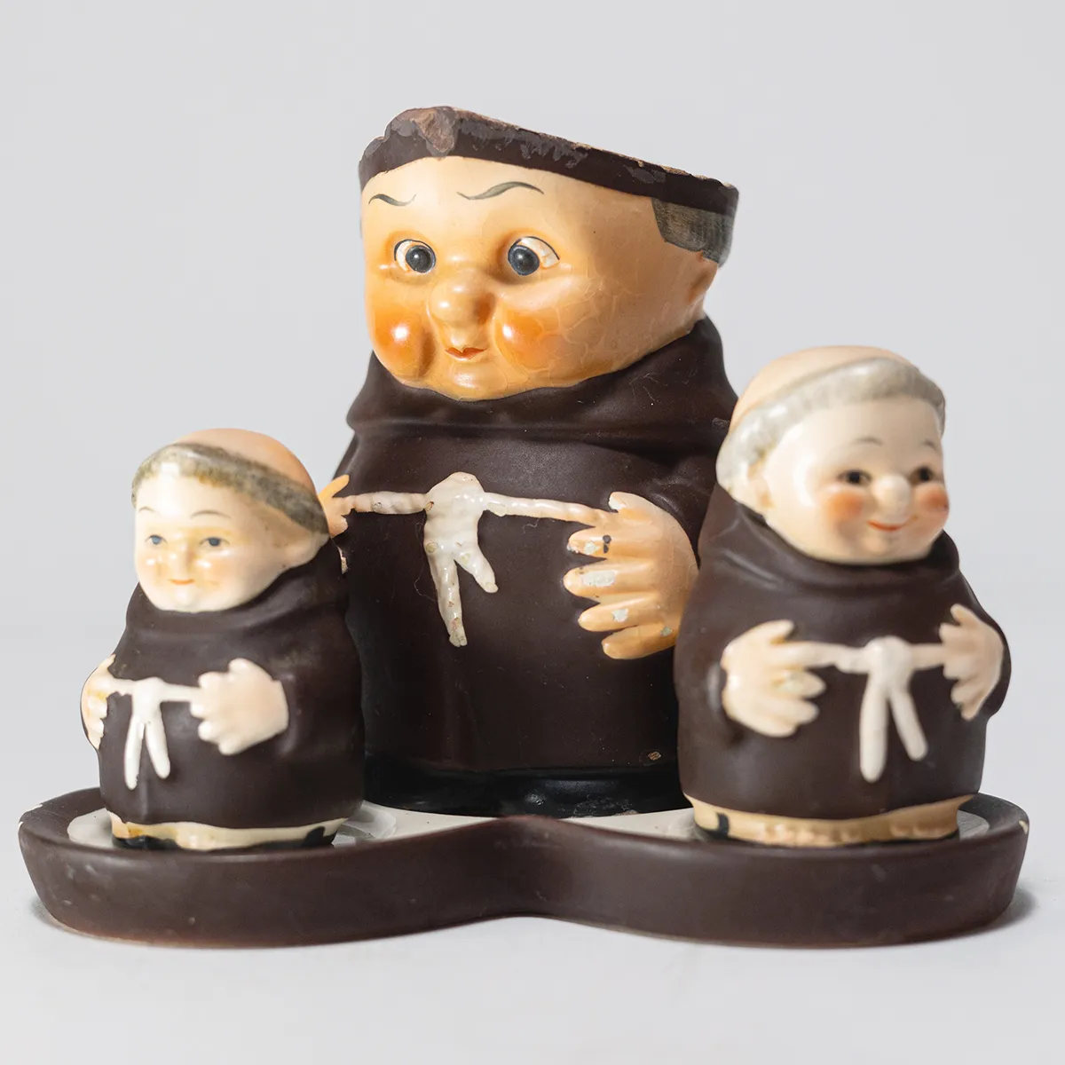 Vintage Goebel Monk Friar Tuck Salt & Pepper Shakers and Milk Pitcher Creamer with a handle and a tray