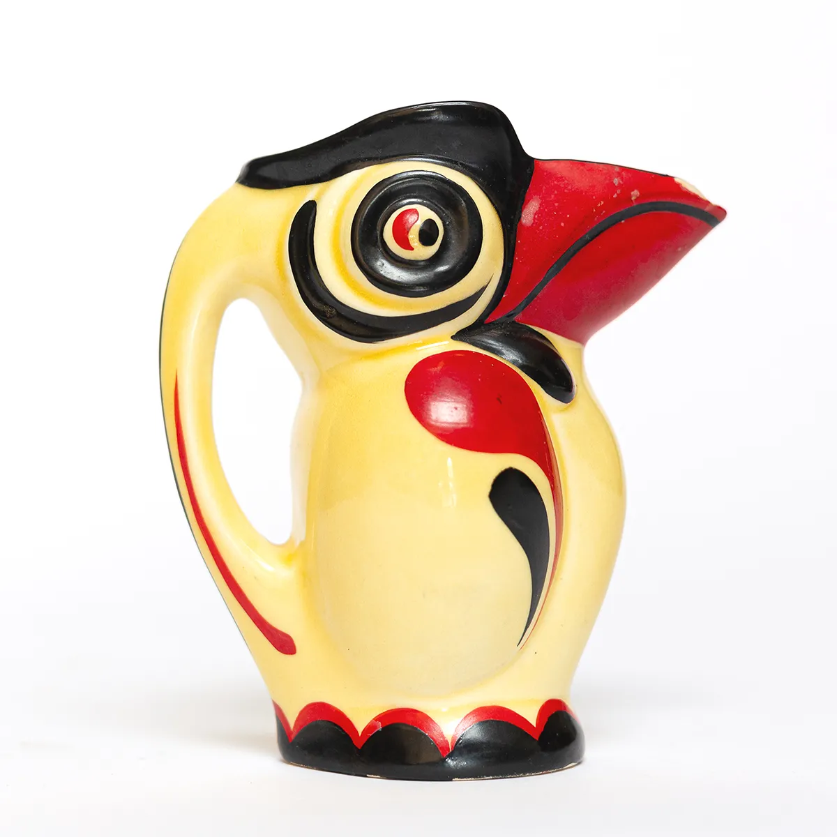 Eclectic Bird with Big Red Beak Toucan Milk or Water Pitcher, Flower Vase Ditmar Urbach Czechoslovakia Pottery beautiful vibrant colors of yellow, red, and black Czechoslovakia Pottery