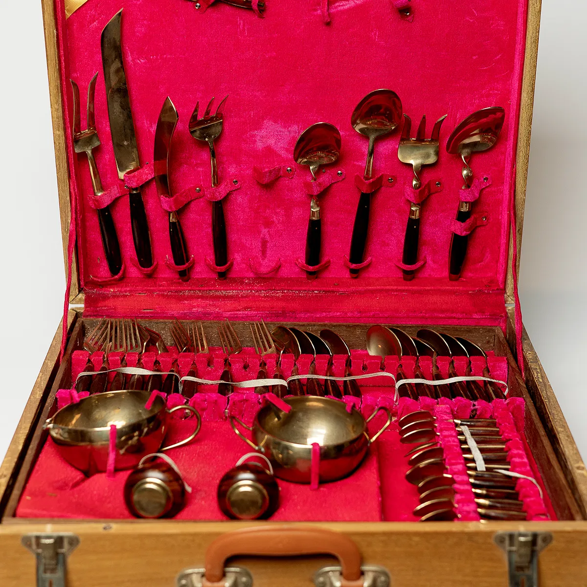 Mid Century MCM Thai Bronze and Teak Silverware Set Crushed Pink Velvet Teak Box