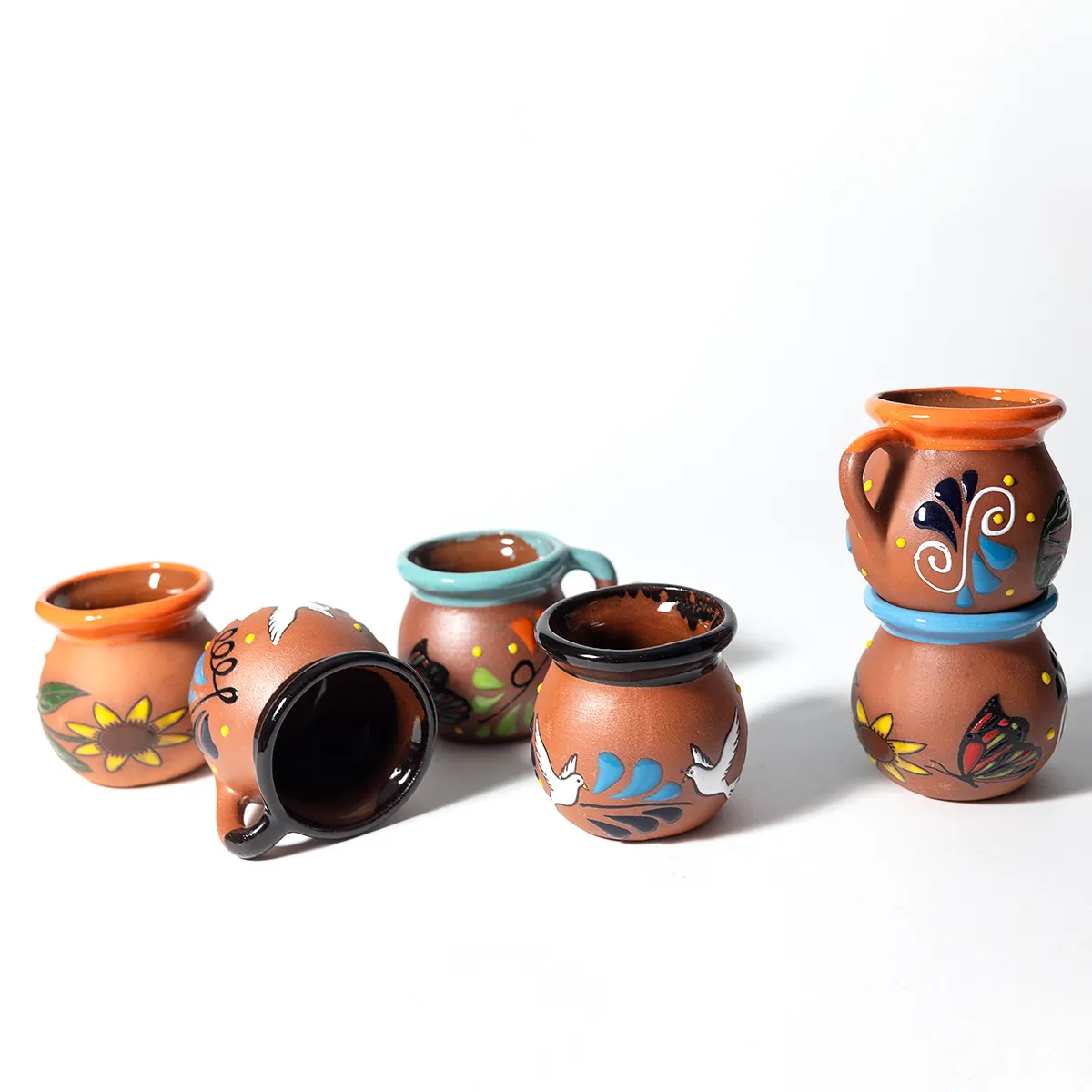 Hand Painted Mexican Pottery Mug Cup Multi Color Floral Design 