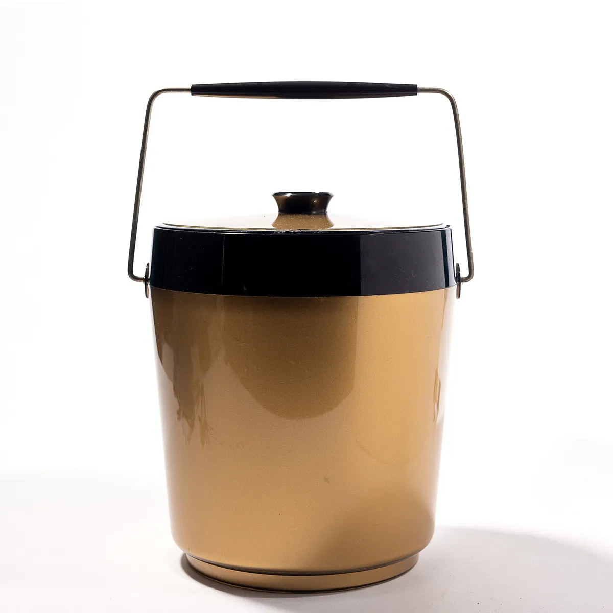 Mid Century Modern Gold and Black Ice Bucket with a bakelite handle - 9" x 8.5"