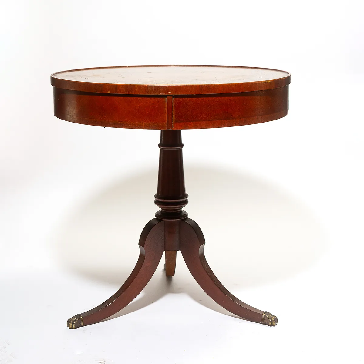 Mid Century Pedestal Drum Table with Tooled Leather Top 