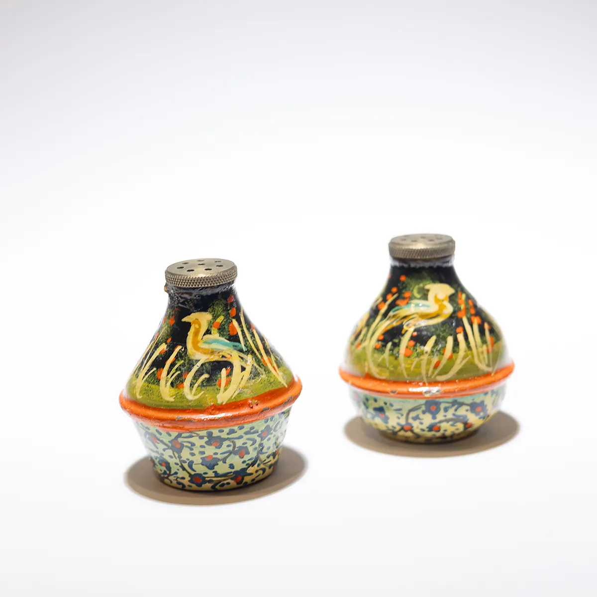 Unique Old Vintage Art Hand Painted Salt and Pepper Shakers PaINTED WITH BIRD AND FLOWERS
