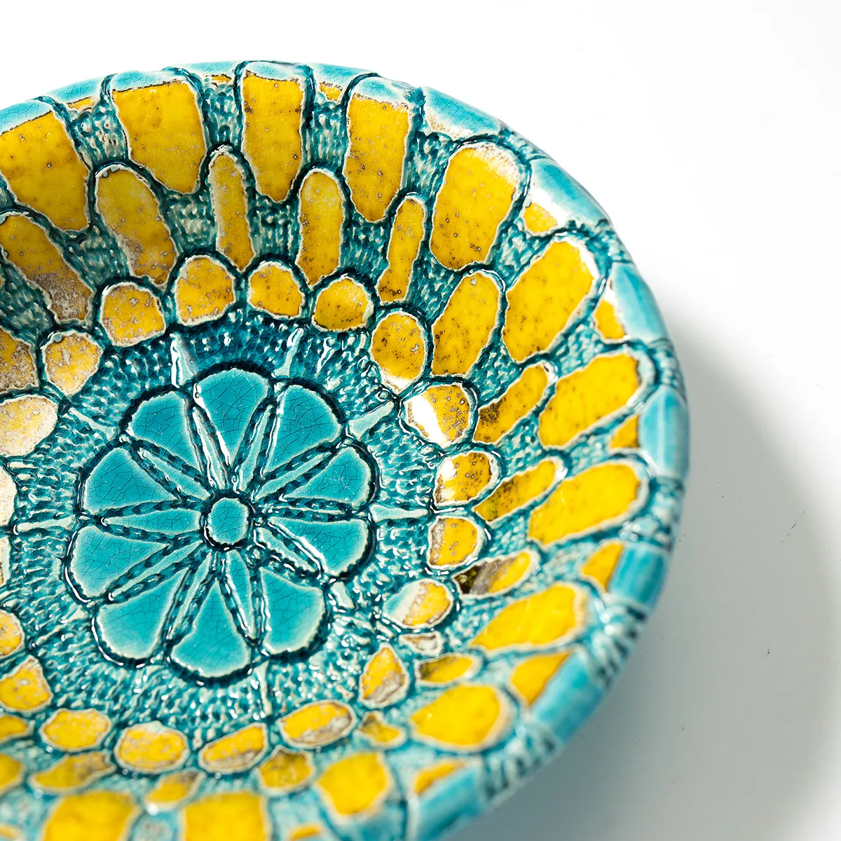 Yellow and Tourquoise Egyptian Blue hand made pottery bowl Nunes Portugal - 7.5" x 2"