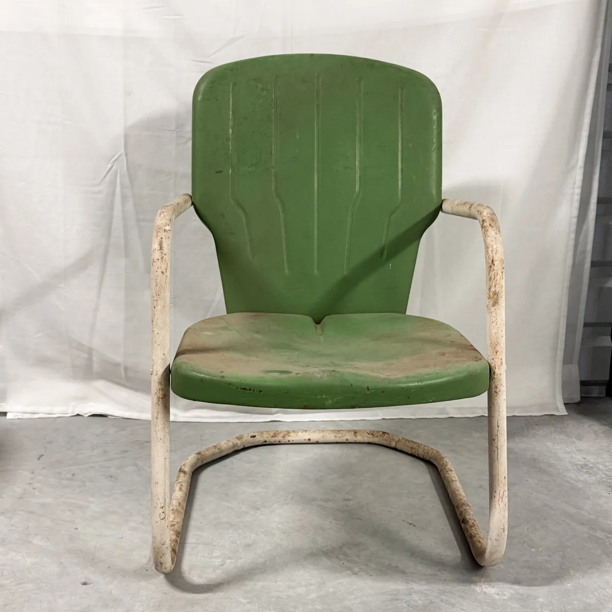 Vintage Metal Lawn Chair, Clam Shell Metal Lawn Chair, with a Weathered Green Finish and White Arms