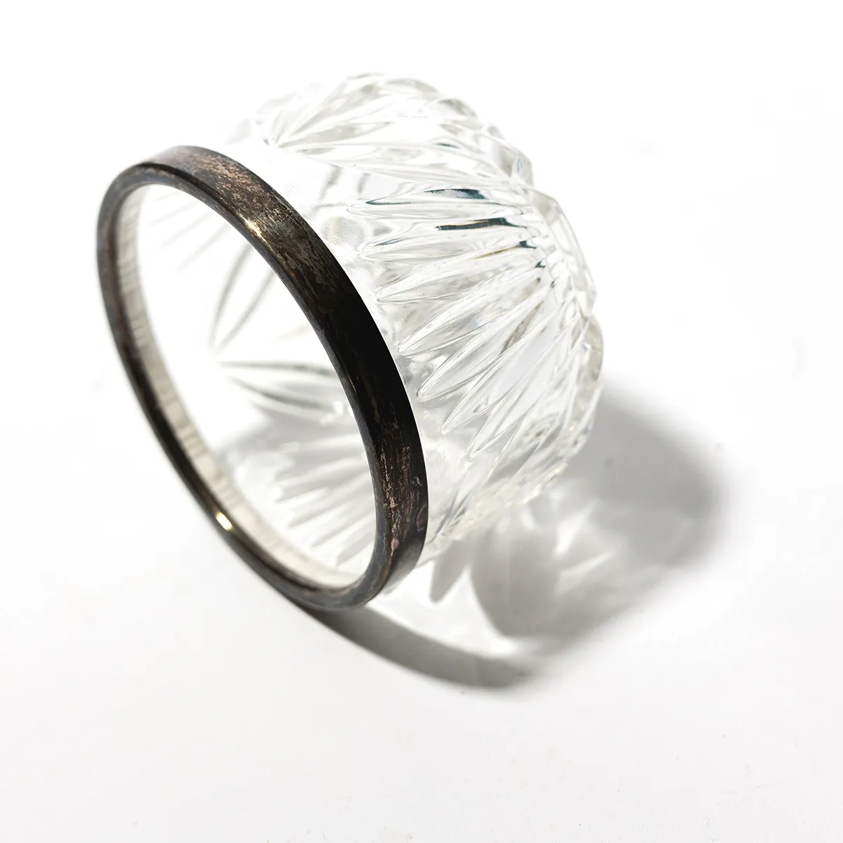 Vintage Crystal Bowl Leaves and Fans Design Silver Plated Rim Patina Trinket Bowl, Dip Bowl, Rung Bowl