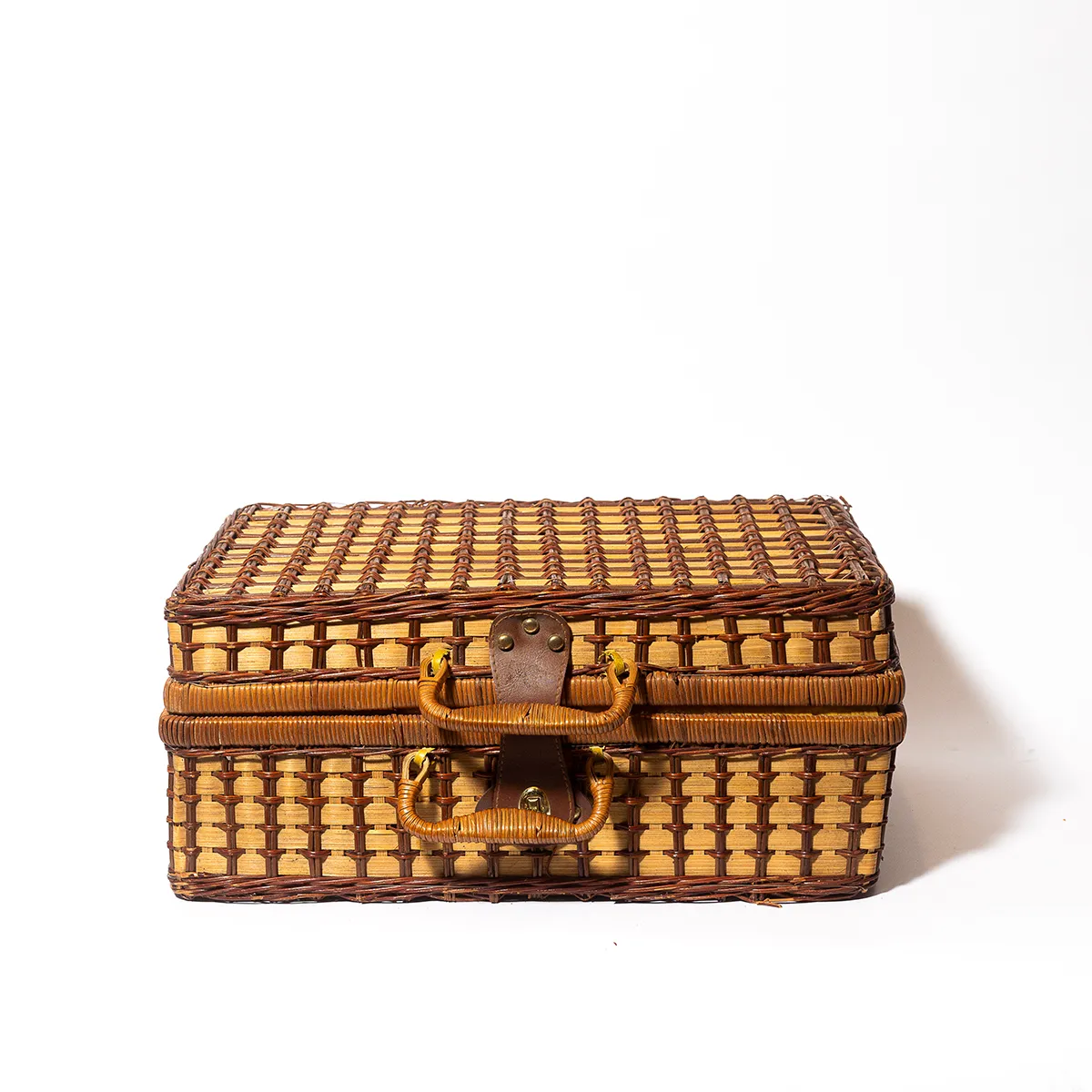 Vintage English Style Beige and Brown wicker Picnic basket suitcase with red and white gingham and 4 red plastic plates and cups - 18" x 12" x 7.5"