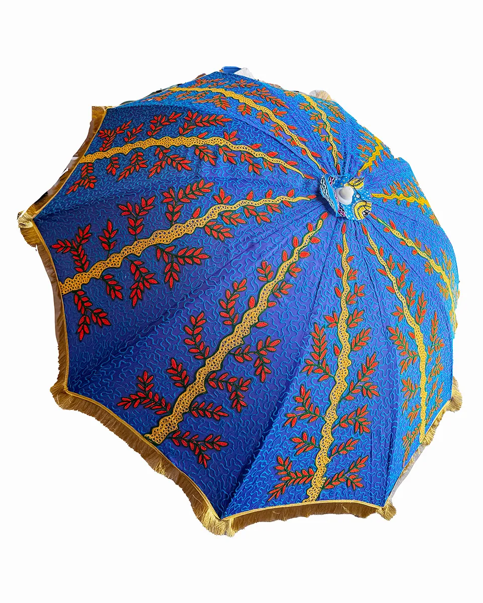 Cobalt Blue Embroidered Indian Decorative Parasol Fringe Outdoor Umbrella