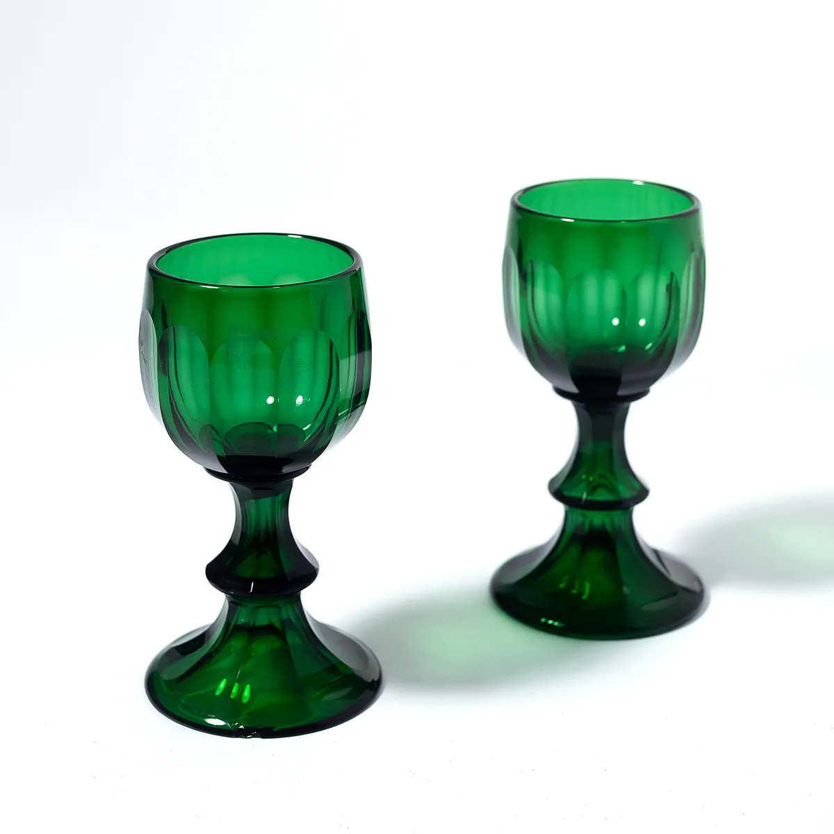 Antique Green Flint Cut Wine Stem 19th Century Biedermeister Style - 5"  x 2.25"