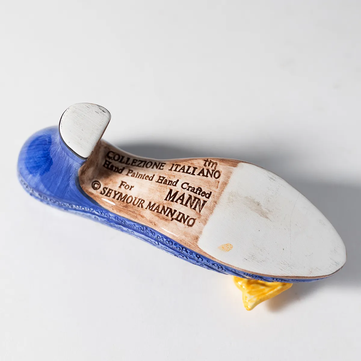 Hand Painted Italian Ceramic Blue Pump Slipper with Yellow Bow at the toe. Figurine / Trinket Dish