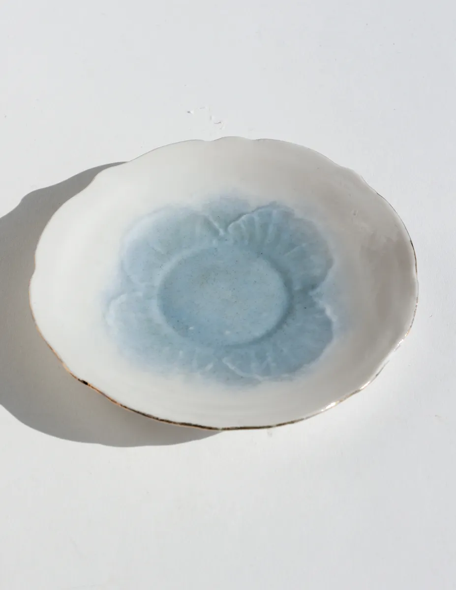 Small White China Plate with Blue Flower Center