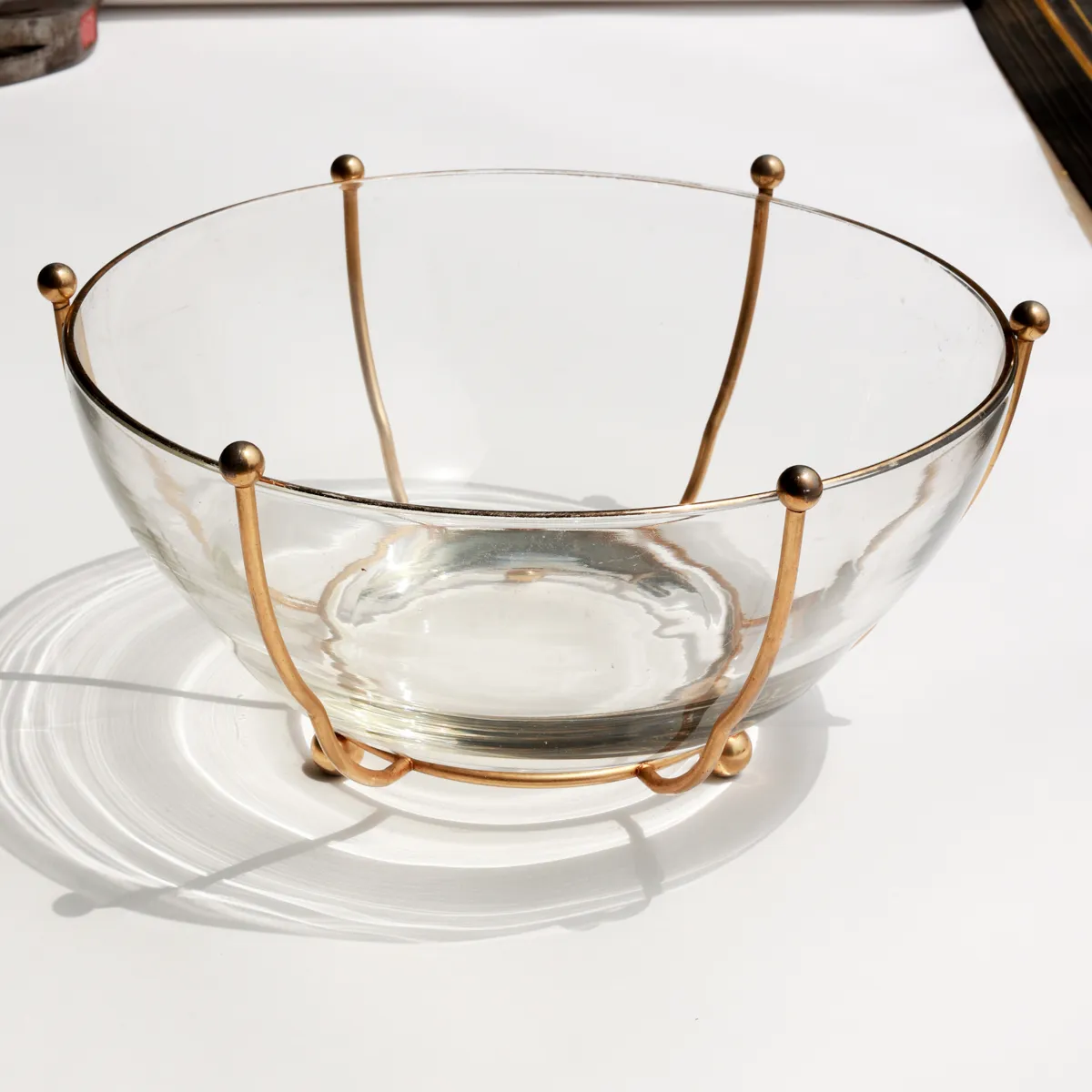 Mid-Century Glass Bowl Brass Wire Frame Stand