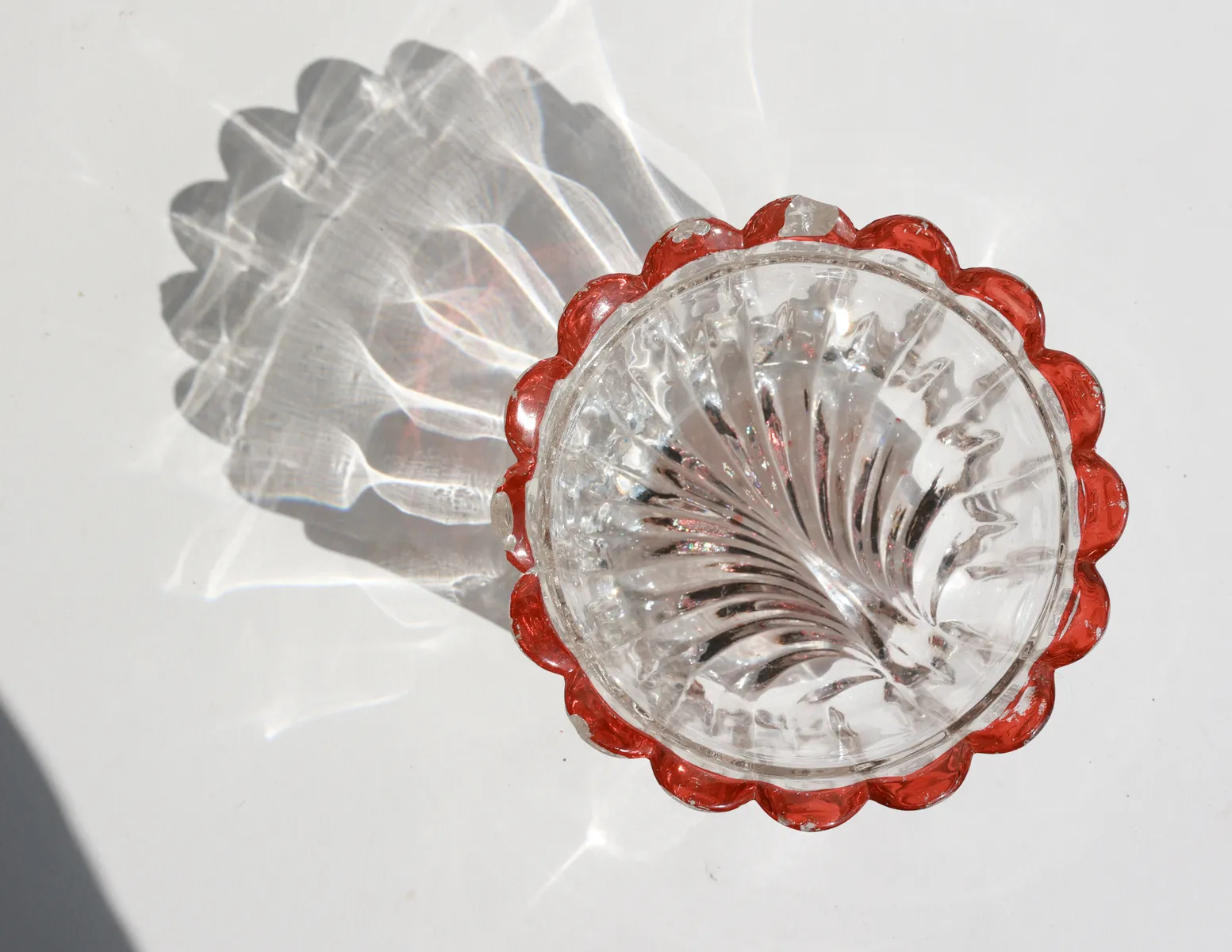 Clear Glass Candy Dish with scalloped edge in red