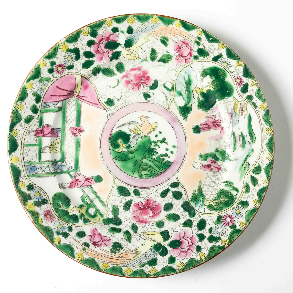 Kitchen Dishware: Pink and Green Antique Japanese Figural Porcelain Plate Signed by the artist