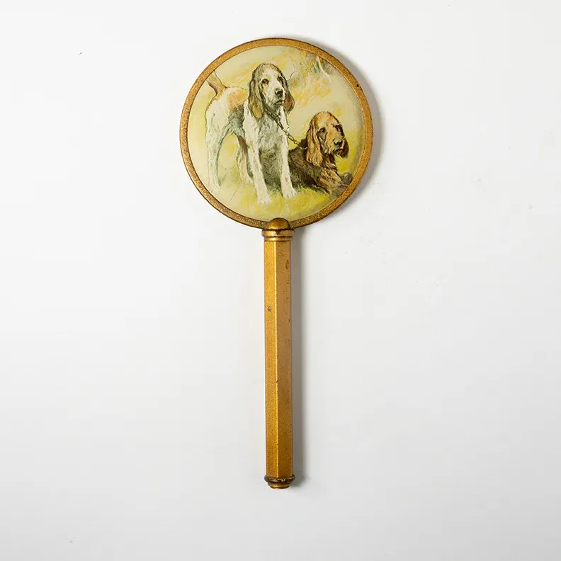 Brass Hand Mirror with Hound Dogs on the front - 9.75" x 3.75"